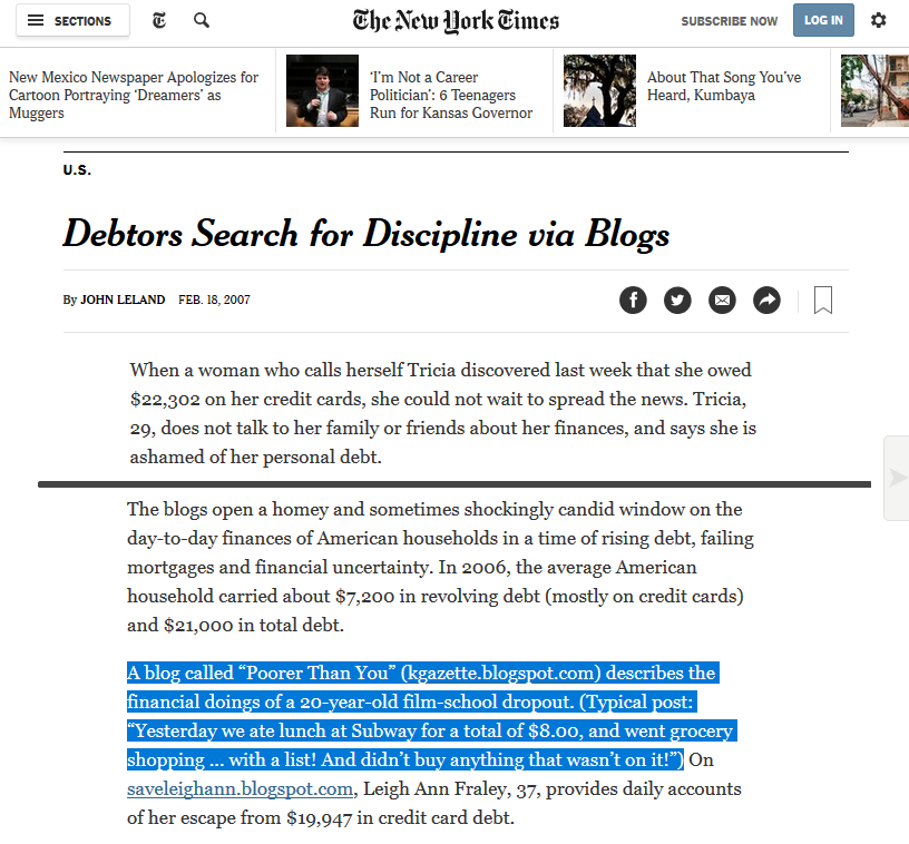 Poorer Than You featured in the New York Times article "Debtors Search for Discipline via Blogs"