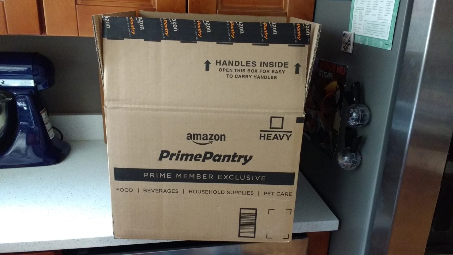 Amazon Prime Pantry box open on counter