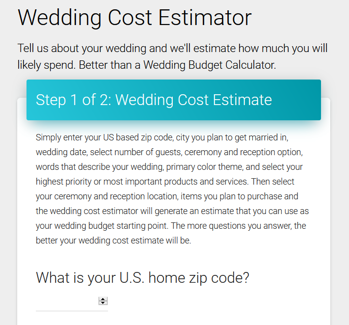 Wedding Cost Estimator Tool from Wedding Report - Screenshot of the tool