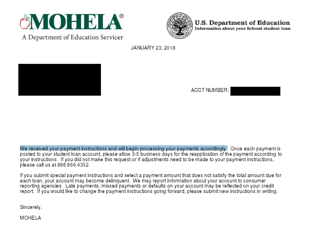 MOHELA Letter Confirming Standing Payment Instructions