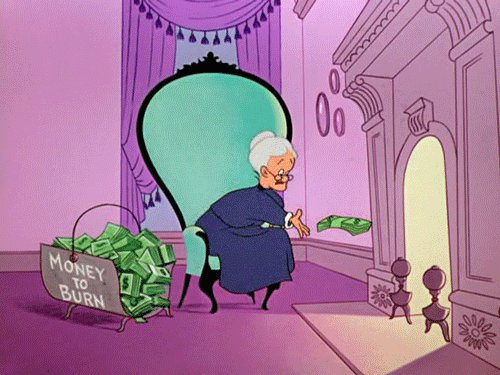 Granny from Looney Tunes Burning Her Money in the Fireplace