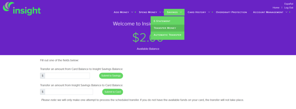 Transfer money from the Insight Card main account into the 5 percent savings by clicking "Savings" and then "Transfer Money"