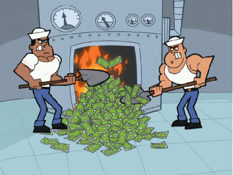 Two cartoon dudes shovel money into a furnace
