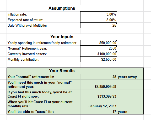 Coast FI - Coast to Financial Independence Spreadsheet