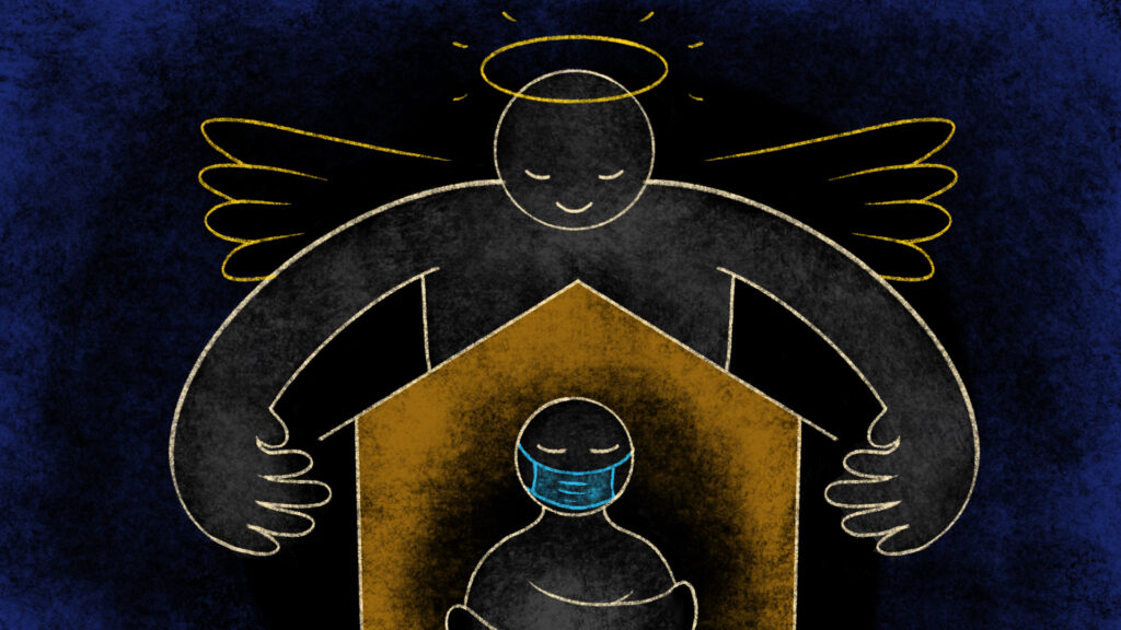 Illustration of an angel figure wrapping arms over a house and another figure inside the house, wearing a medical face mask and hugging their arms to themself.